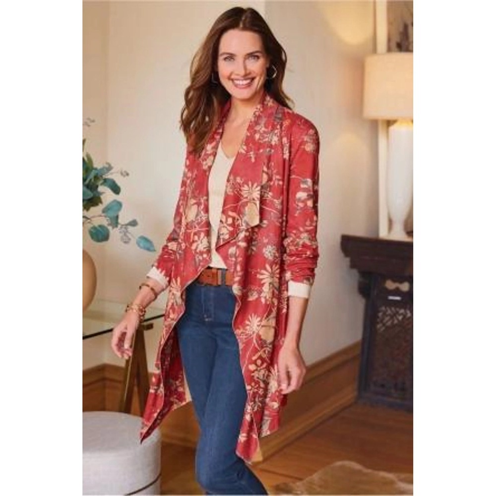 Soft Surroundings Floral Waterfall Cardigan Rust Draped Open Front NWT Size L